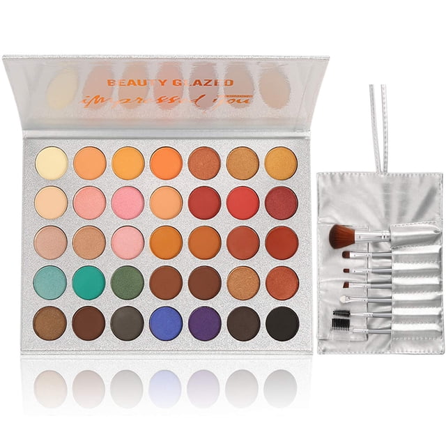 Paleta de sombras de ojos de 35 colores con 7 brochas de maquillaje, kit de maquillaje todo en uno, paleta de sombras de ojos pigmentadas con brillo mate, polvo impermeable, desnudo natural, ahumado