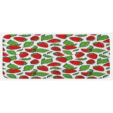 Fruit Kitchen Mat, Juicy Strawberries with Leaves Yummy Food Organic Charming Sweets Graphic Design, Plush Decorative Kitchen Mat with Non Slip Backing, 47" X 19", Red Fern Green, by Ambesonne