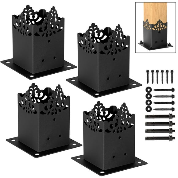 Creative Design 4X4 Post Base Square Bracket Post Base For Fence Mailbox Deck Bolt Down Post Base Wood Post Ground Anchor Fit 3.5''X3.5'' Square Wood Post (Black - Set 4)
