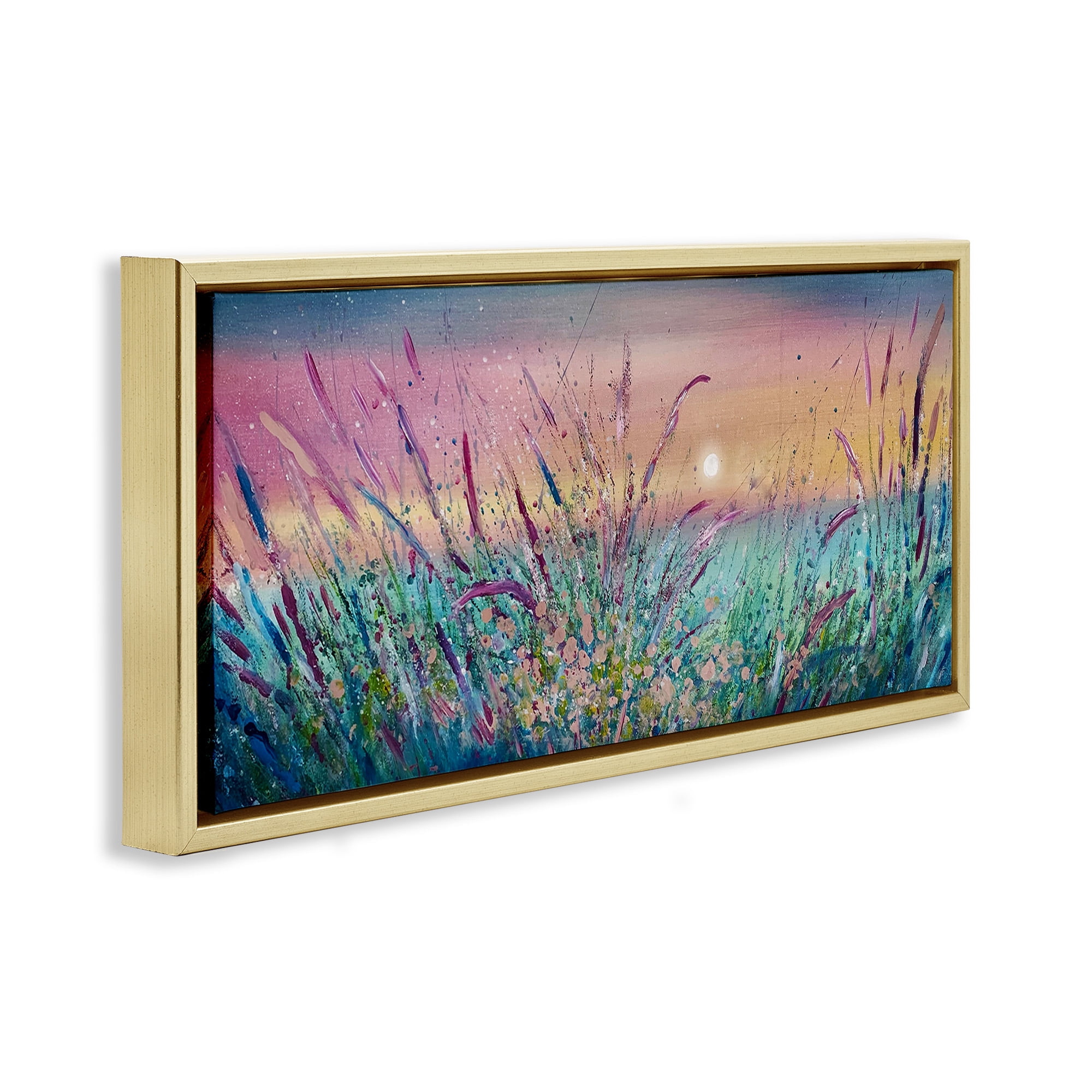 Stupell Industries Pond Reeds Sprouting at Sunset Landscape Painting Gold Floater Framed Canvas Art Print Wall Art, 31 x 14
