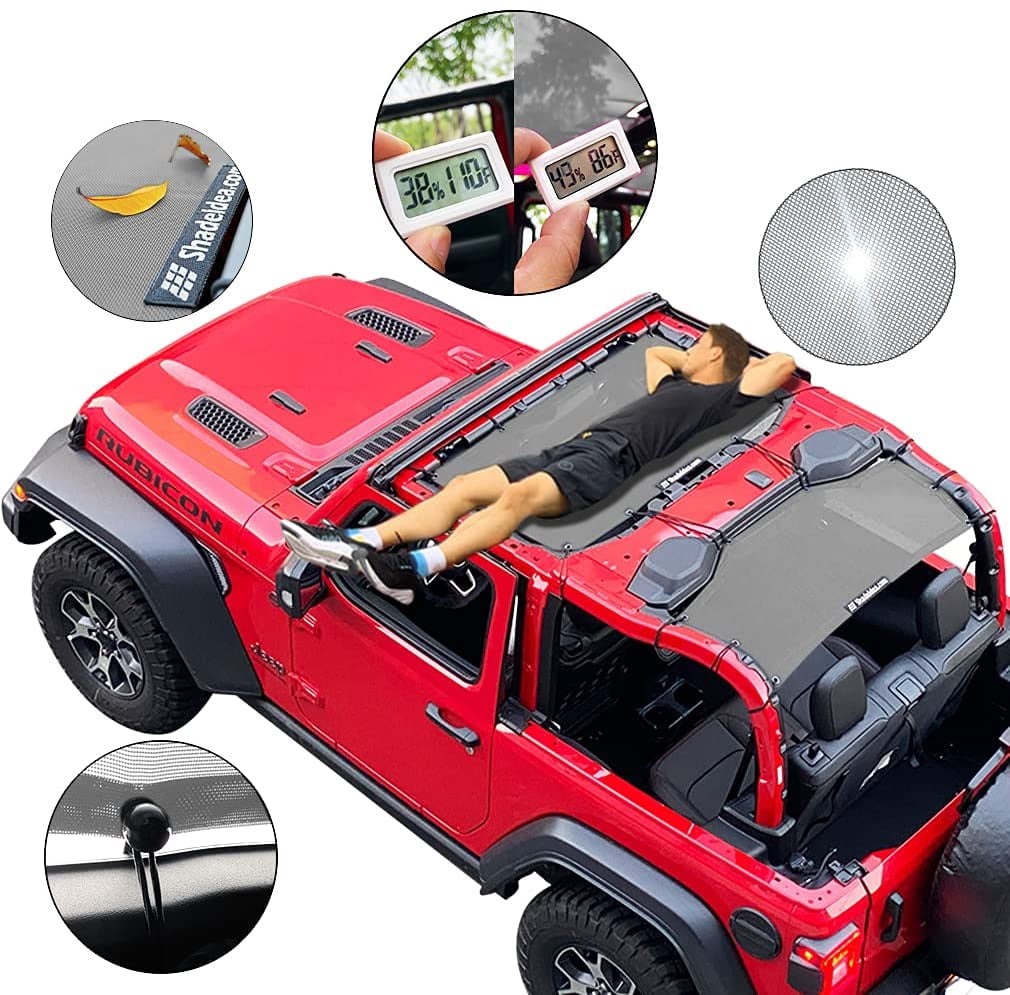 Shadeidea JL Sun Shade for Jeep Wrangler 2 Door Top Sunshade ( 2018 - Current ), Front & Rear - Gray Mesh Screen Wrangler Cover, UV Blocker with Grab Bag Pouch - 10 Years Warranty