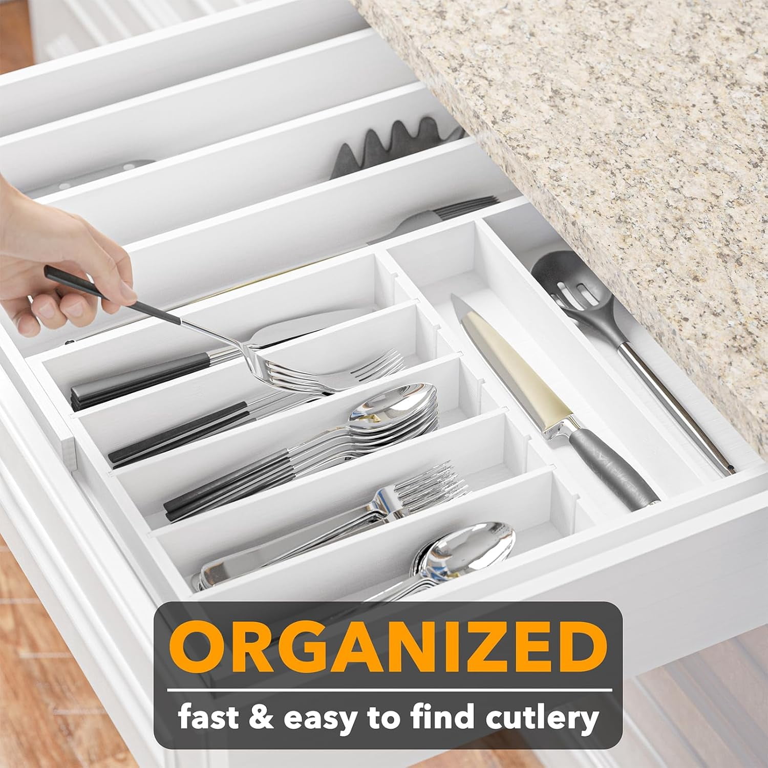 2.5" High Bamboo Silverware Drawer Organizer with Labels, Kitchen Utensil Expandable Tray Holder for Flatware, Cutlery, Spoon and Knives Drawer Storage Organization (White)