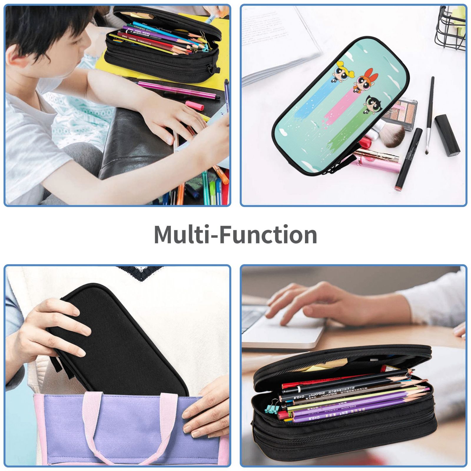 The Powerpuff Gi-rls Pencil Case Large Capacity Pencil Pouch Penbag Office Stationery Organizer Travel Makeup Bag Black
