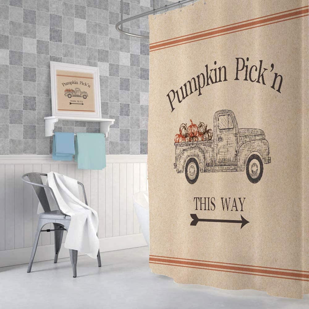 Fall Pumpkin Shower Curtains for Bathroom, Vintage Autumn Thanksgiving Country Fabric Shower Curtain Set, Halloween Farmhouse Bathroom Accessories Decor, Hooks Included (69" W X 72" H)