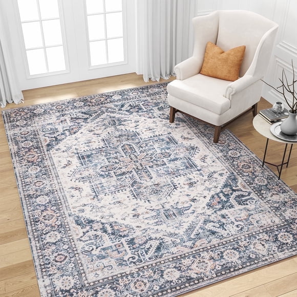 SIXHOME Tapis de 5 Pieds X 7 Pieds pour Salon, Tapis Lavable, Médaillon Vintage, Tapis de Salon, Tapis Doux Usé, Grand Tapis pour Chambre, Salle à Manger, Bureau, Intérieur, Déco Rétro pour la Maison, Bleu Pâle