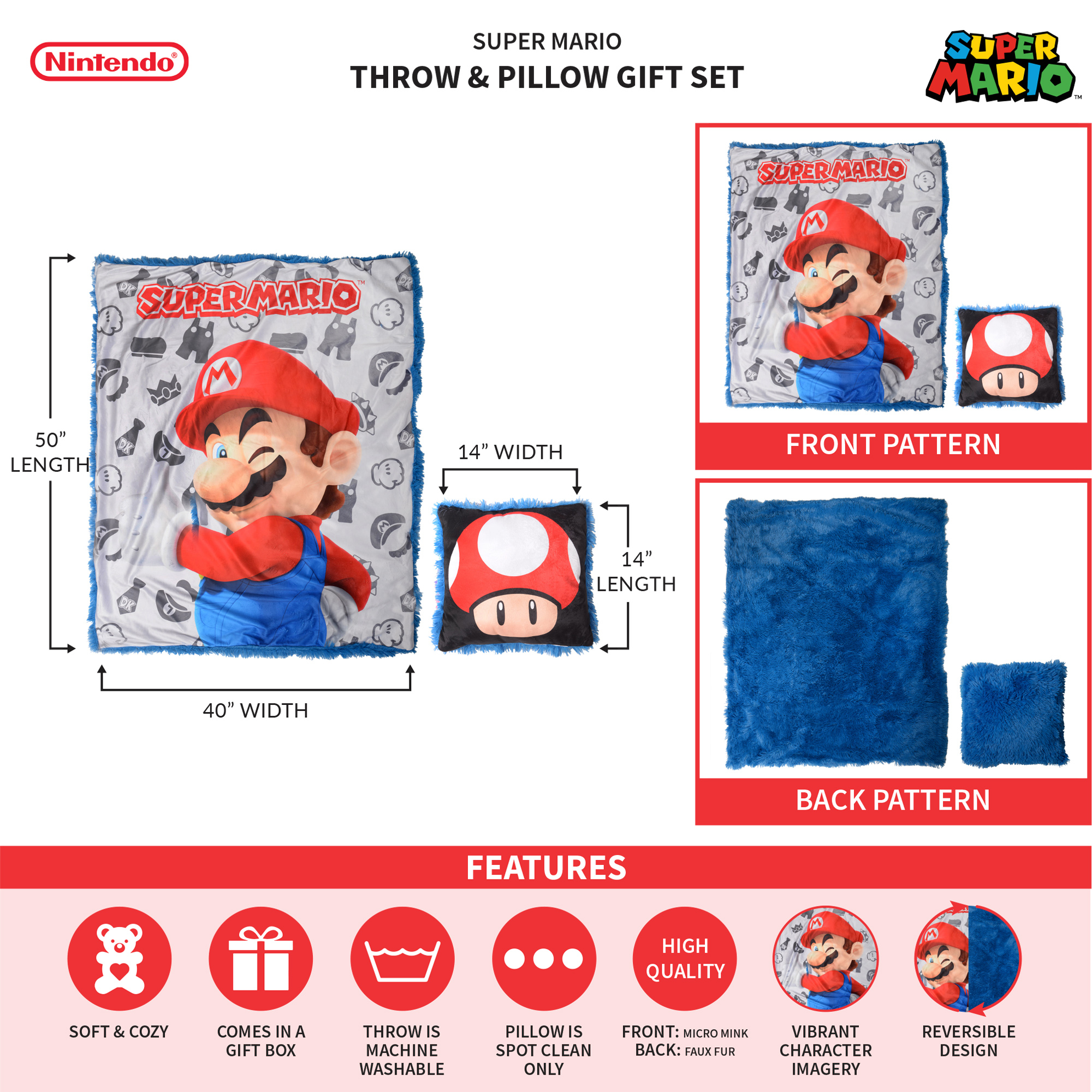 Super Mario Kids 2Pc Decor Pillow and Throw Set, Fun Faux Fur - image 5 of 7