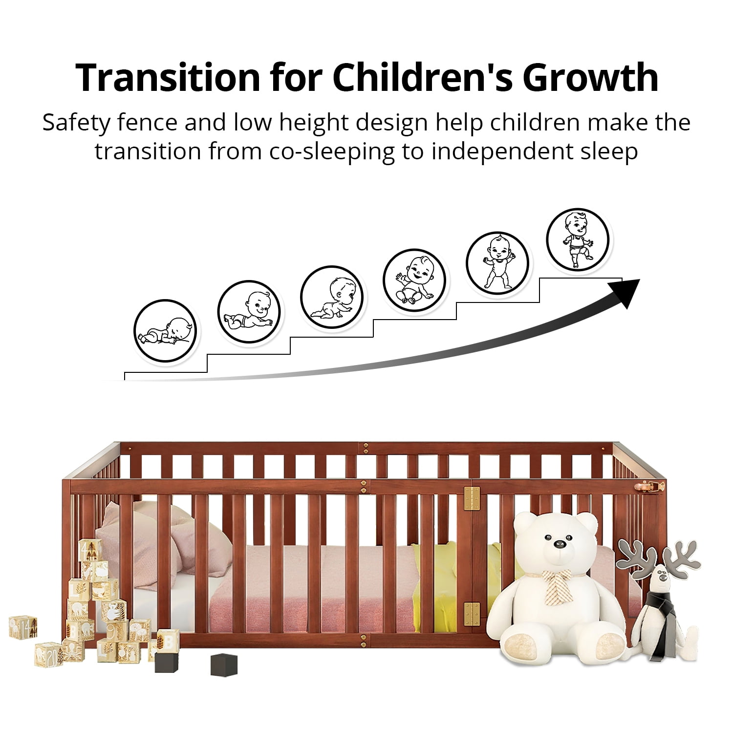 Queen Size Floor Bed with Fence and Door Platform Bed Frame with Safety Guardrails and Wood Slats Montessori Floor Bed for Girls and Boys, Walnut