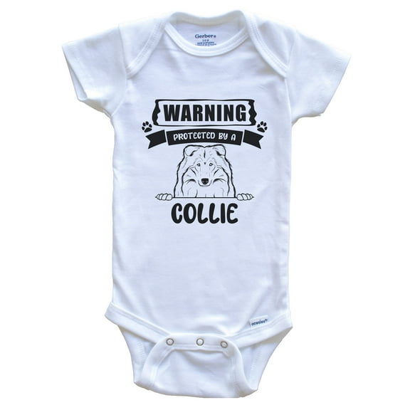 Warning Protected by a Collie Funny Cute Dog Breed Baby Bodysuit, 0-3 months white