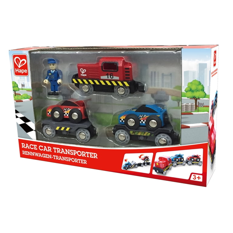 Hape Race Car Transporter, Kid's Loading & Towing Playset, 6