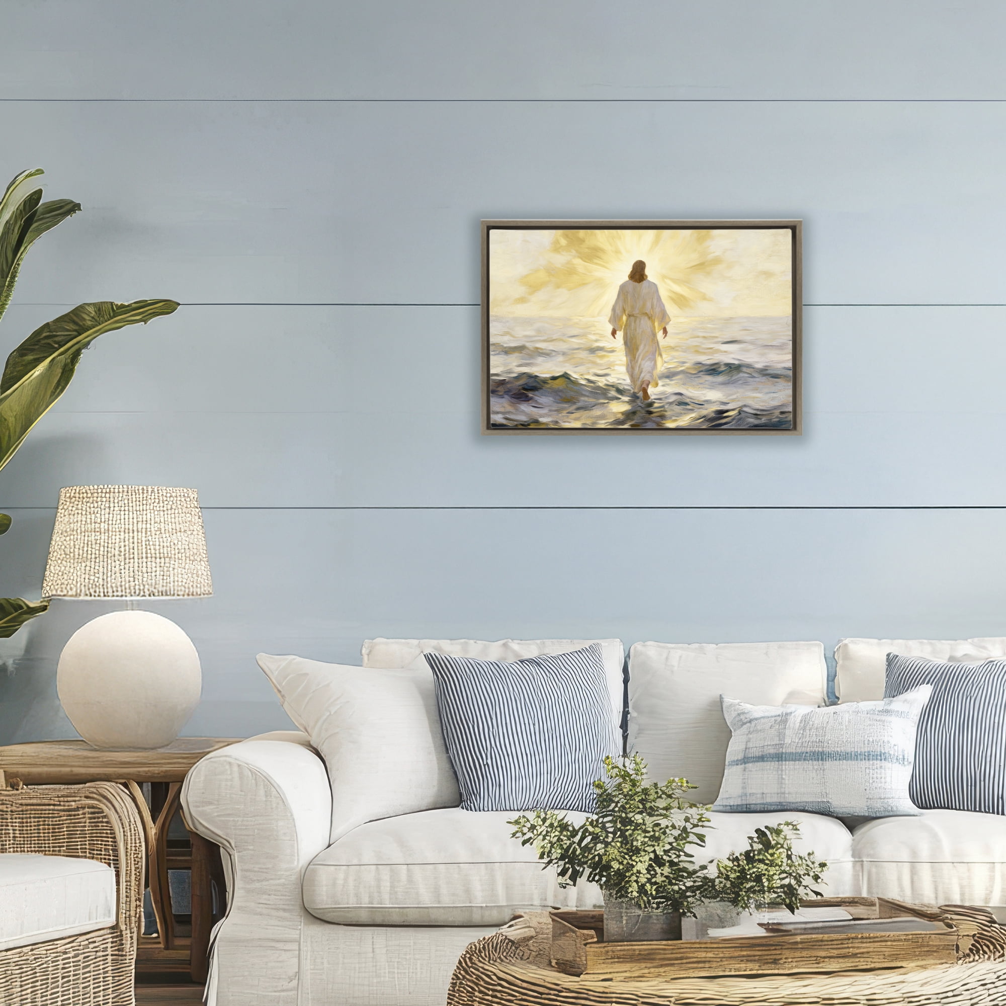 Stupell Industries Golden Walk Spiritual Figure Brown Framed Floater Canvas Wall Art, design by Kim Allen