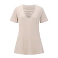 thumbnail image 3 of Women's Summer Fashion Short Sleeve V-Neck Ribbed Solid Casual T-Shirt with Mesh Panel, 3 of 4