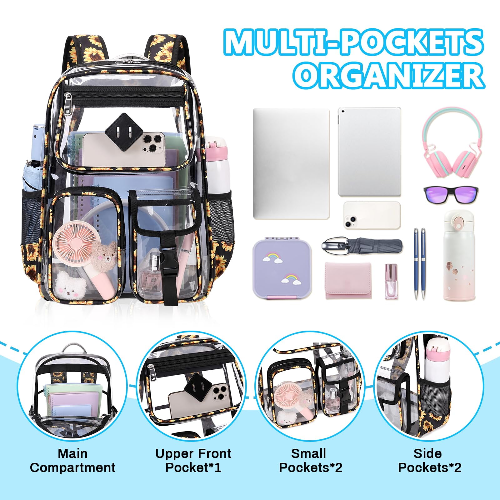 Sanmadrola Large Clear Backpack Heavy Duty Stadium Approved See Through Backpack Waterproof PVC Transparent Backpacks Clear Book Bag with Reinforced Strap for School Work Travel, Black Daisy