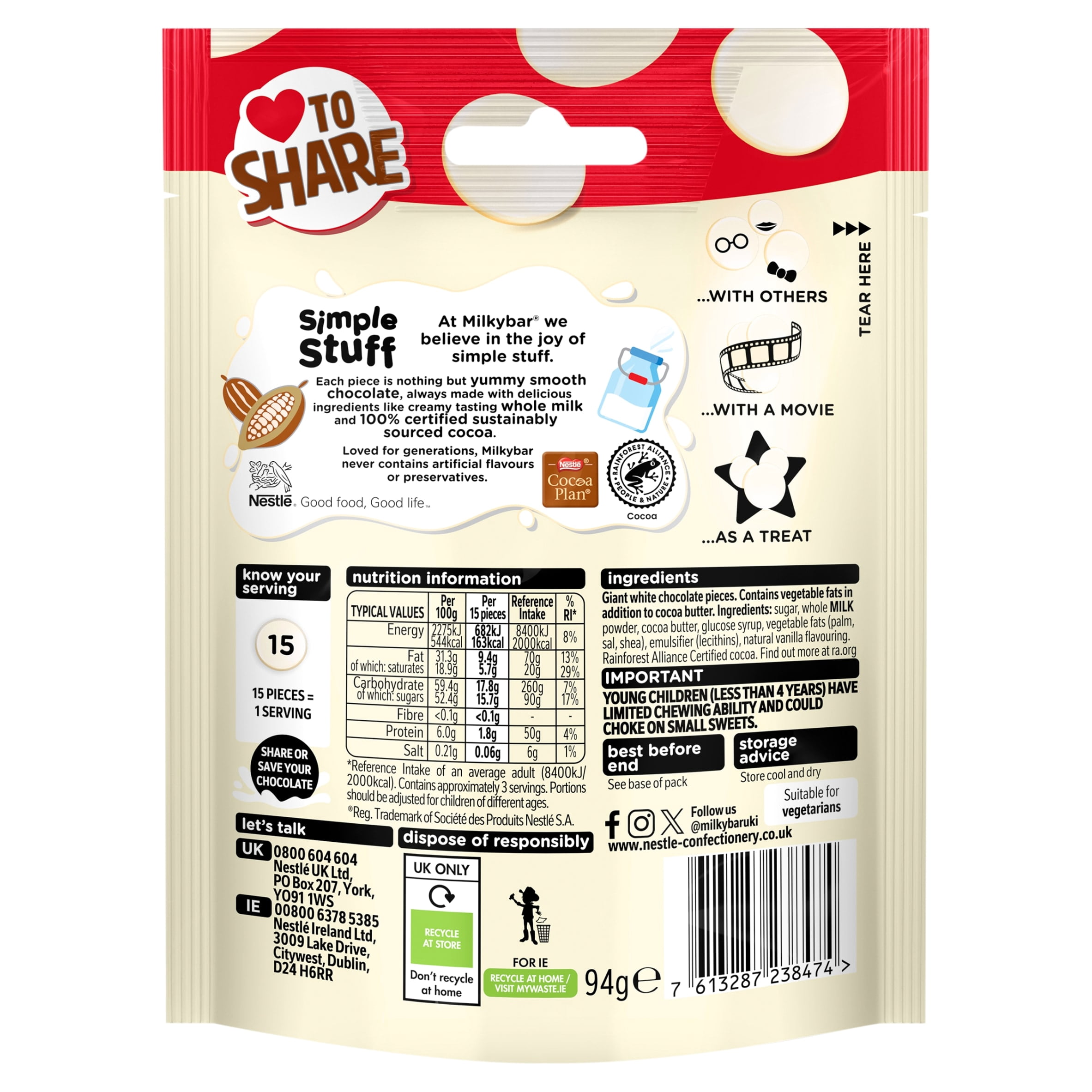 Milkybar White Chocolate Giant Buttons Sharing Bag 94g, Imported from Britain