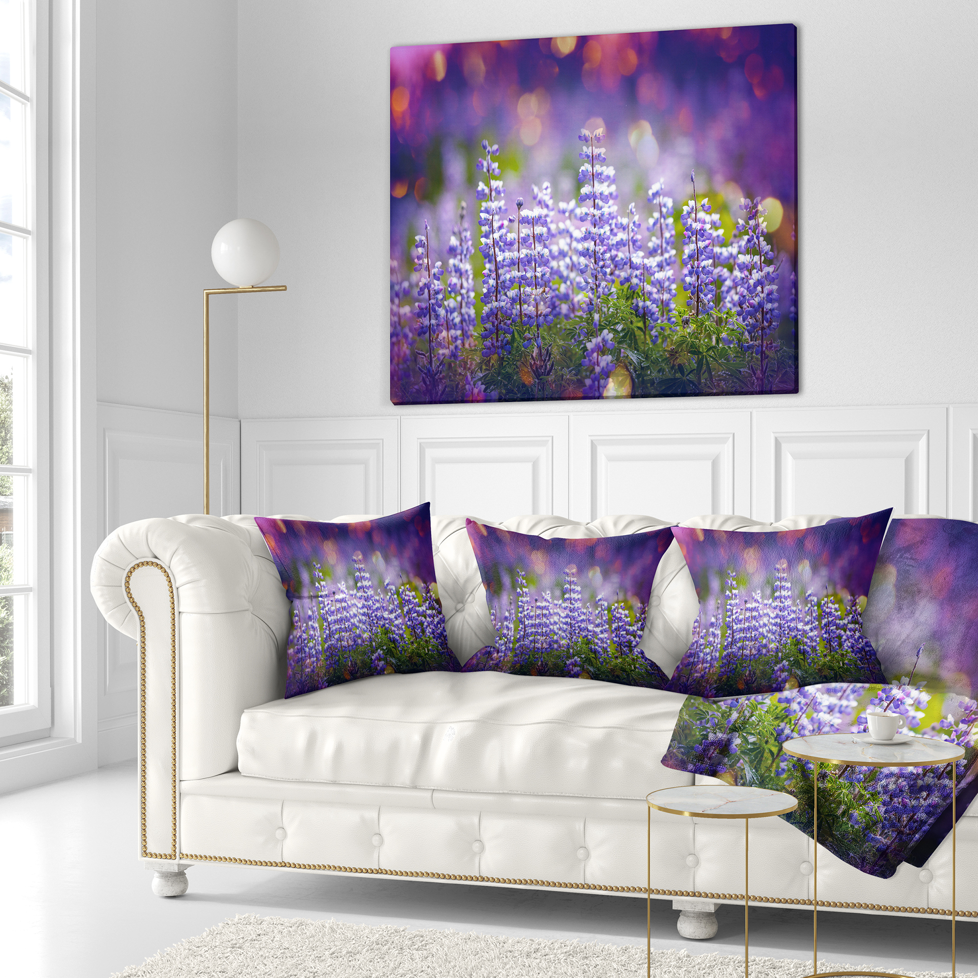 Designart Blue Lupin Flowers on Blue Background - Flower Throw Pillow - 18x18