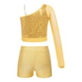 thumbnail image 2 of Doomiva Kids Girls Hip Hop Jazz Dance Outfits Sequins Mesh Long Sleeve One Shoulder Crop Top and Booty Shorts Set Gold 12, 2 of 7