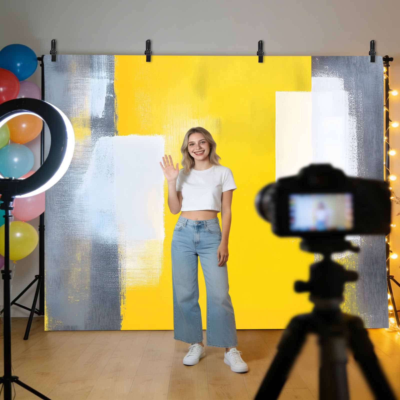 Yellow Grey Backdrop for Photography, Fabric Photo Background Backdrop, Oil Painted Modern Abstract Vintage Photo Booth Background for Portrait Photoshoot Video Wedding Studio Decoration Banner 7x5ft