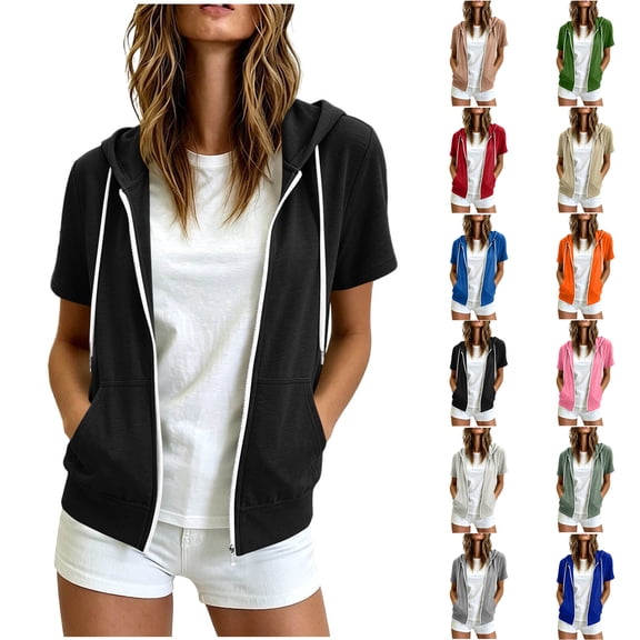 Women's Black Short Sleeve Zip Up Hoodie - Casual Sporty Open Front Sweatshirt