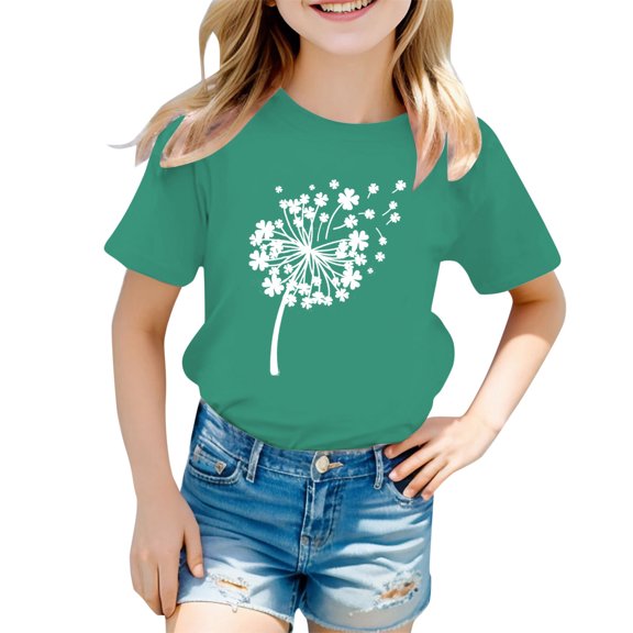 Girls Shirts St Patrick'S Day Themed Print Round Neck Short Sleeve Casual Tees Girls' Tops Army Green 3-4 Years
