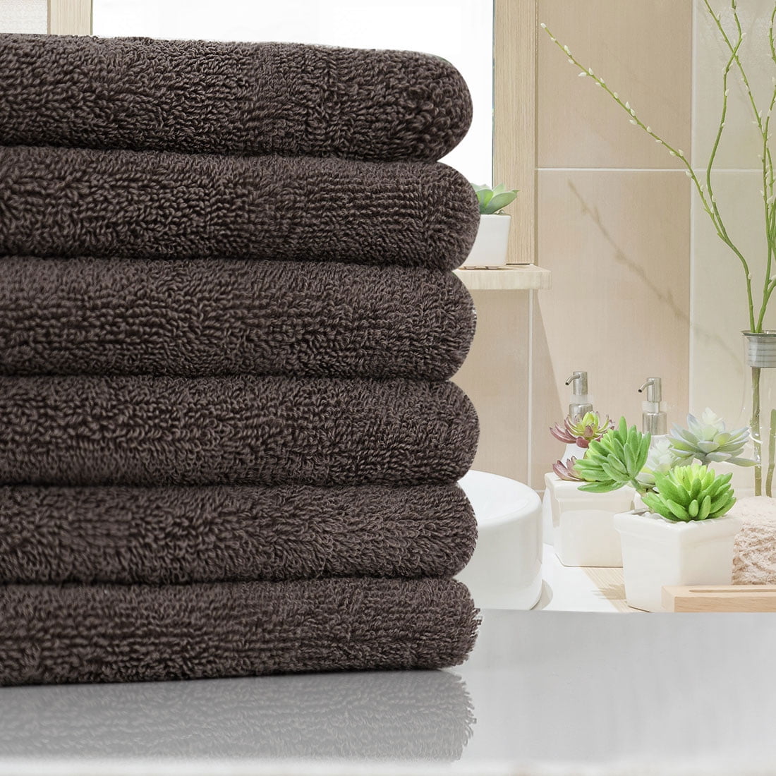 PiccoCasa 6PCS Cotton Soft Hand Towels Set for Bathroom 13" x 29" Coffee Color
