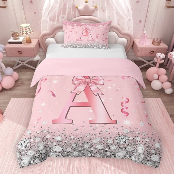 Erosebridal Dreamy Glitters Print Twin Bedding for Girls, Pink Bling A Letter Duvet Cover Set, Pink Reversible 2pcs, 1 Duvet Cover and 1 Pillowcase (No Comforter)