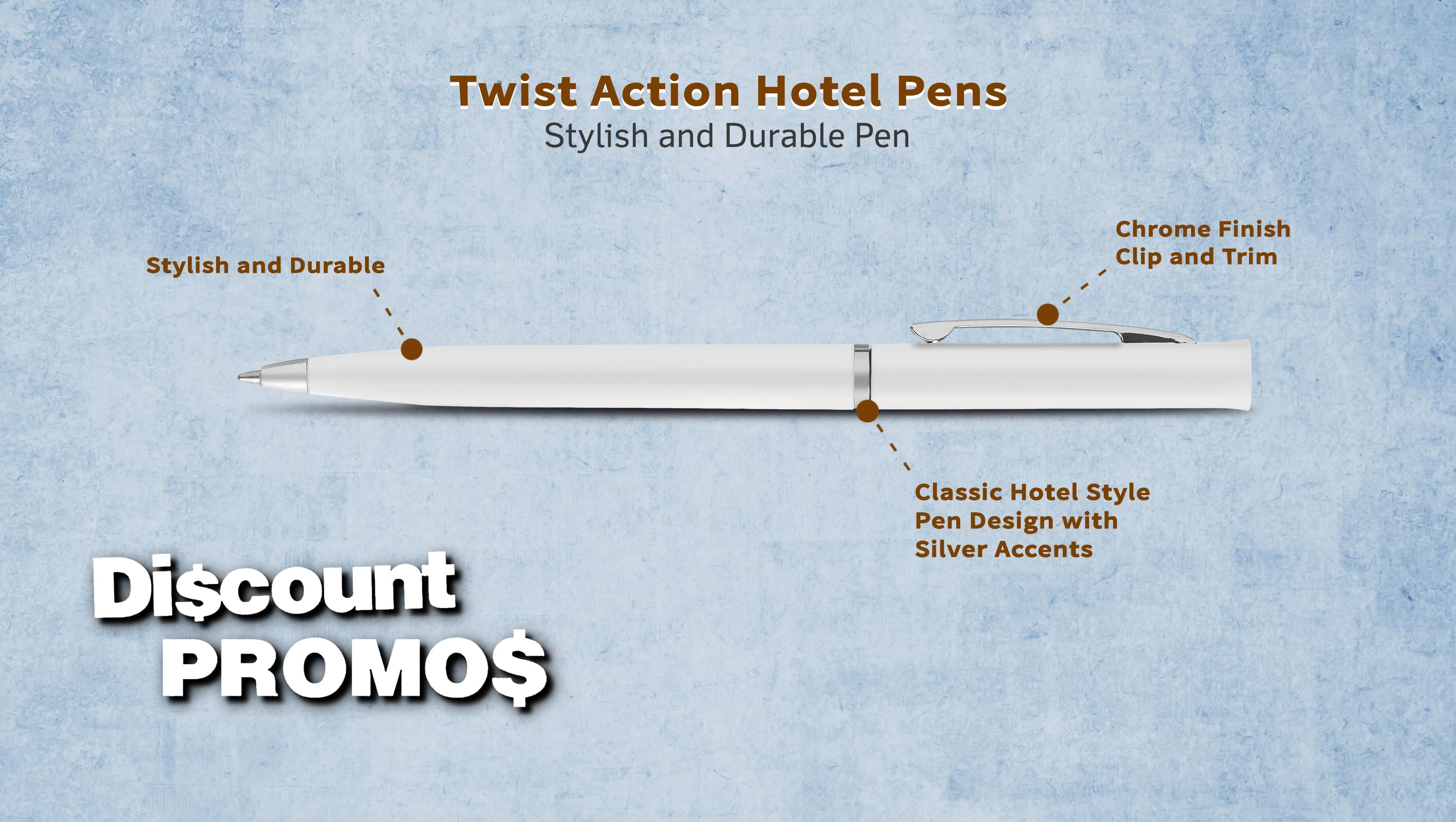 10 Twist Action Hotel Pens Pack - Plastic, Black Ink - White