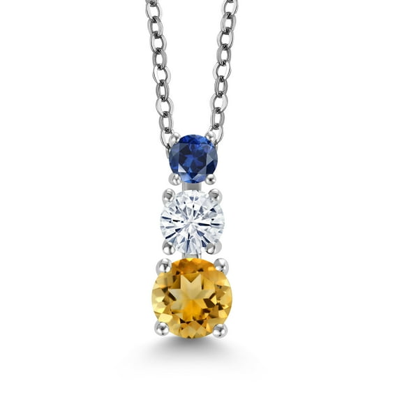 Gem Stone King Yellow Citrine White Moissanite Blue Created Sapphire 3 Stone Pendant Necklace for Women (1.10 cttw, Gemstone Birthstone, Round 5MM, 4MM and 3MM, with 18 inch Chain)