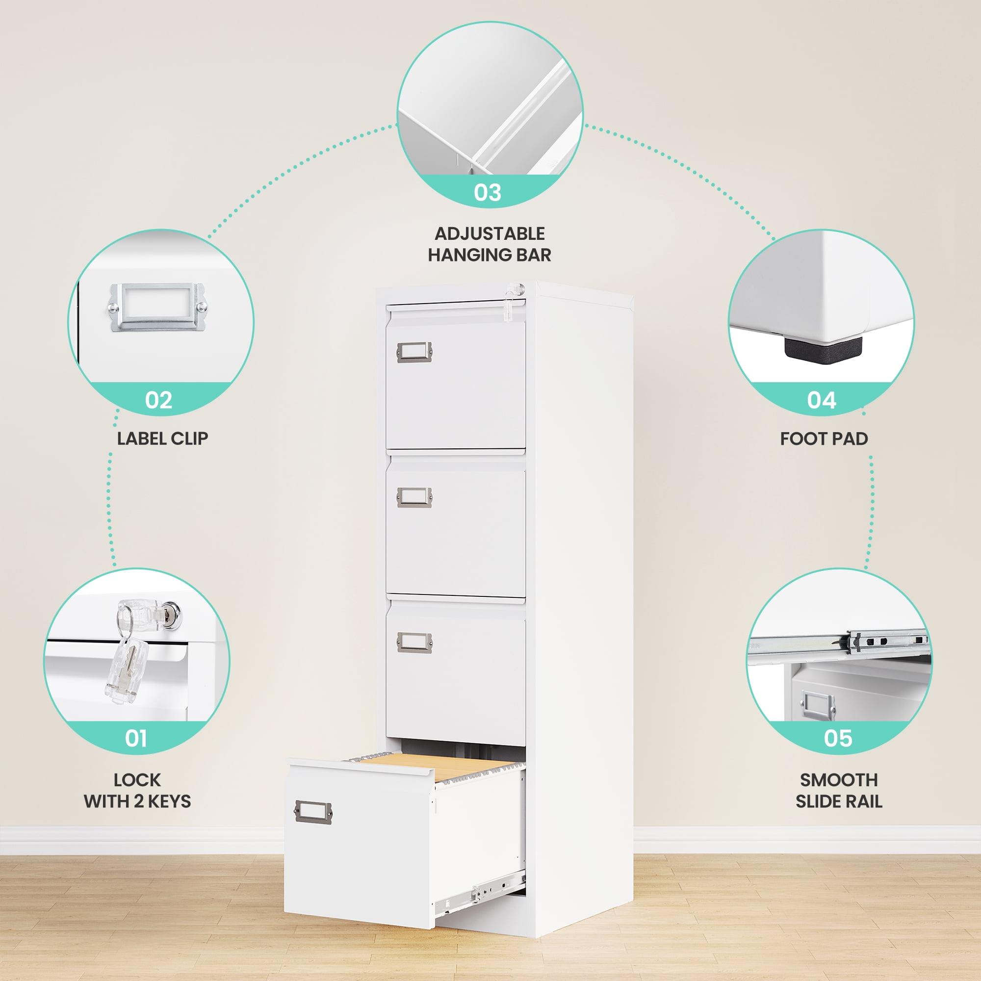 STANI 4 Drawer White File Cabinet with Lock, Vertical Filing Cabinets for Home Office, Metal Locking Office File Storage Cabinets with Drawers for Legal/A4