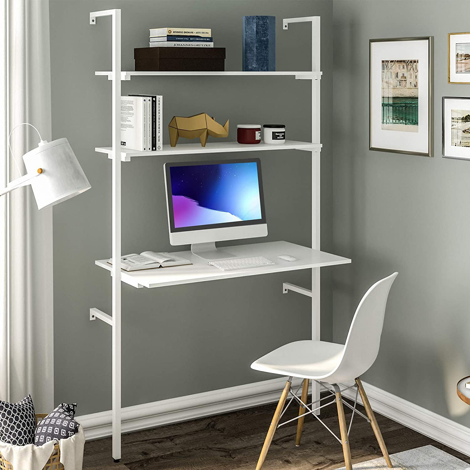 White Ladder Modern 3 Tier Computer Study Desk with Bookcase Shelves and Stool 