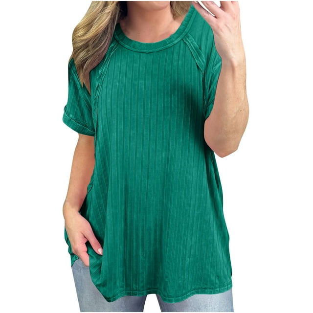 cfhntfmh Womens Oversized T Shirts Summer Ribbed Knit Short Sleeve Tunic Tops Casual Loose Plus Size Tees