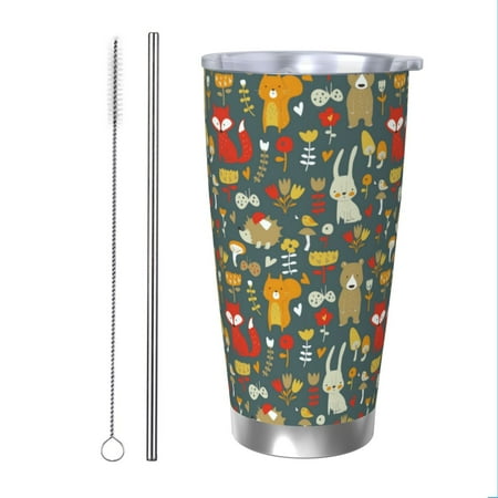 

Zeuib Cute Animal Forest Printed 20oz Stainless Steel Insulated Car Cup Stainless Steel Thermal Cup Vacuum Insulated Leak-proof Travel Mug Cup-Straw Two-piece Set