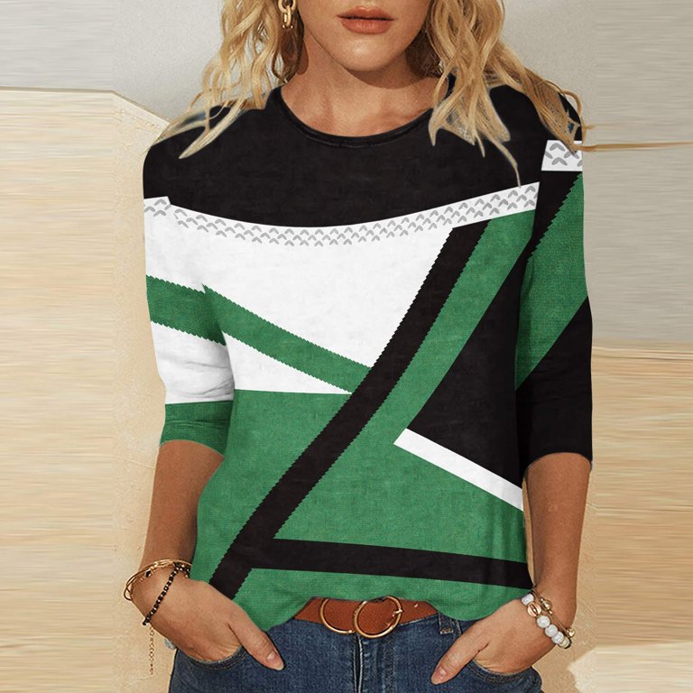 RQYYD Reduced Women's Summer Geometric Graphic T Shirts Casual Holiday 3/4  Sleeve Tops Color Block Crew Neck Basic Tee(Green,S)