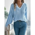 thumbnail image 5 of Women'S Long Sleeve V Neck Cable Knit Sweater 2025 Fall Pullover Top Cute Soft Dressy Casual Outfits Blue L, 5 of 8