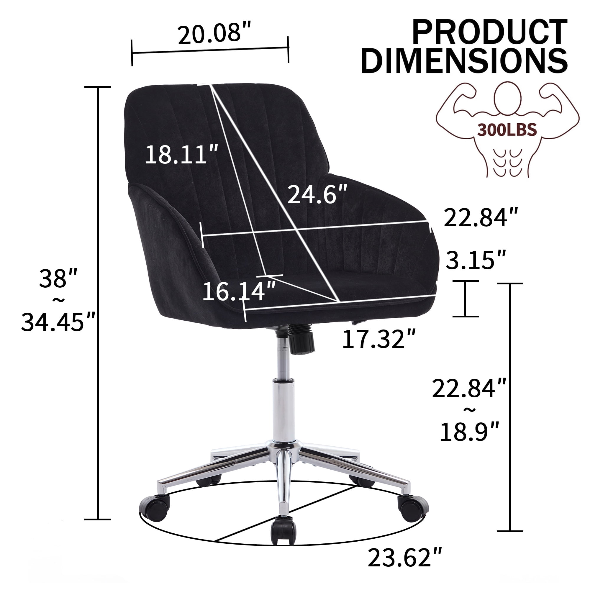 PORKISS Upholstered Desk Chair with Wheels, Ergonomic Adjustable Office Chair, Swivel Computer Task Chair with Velvet for Home Living Room Bedroom Workspace, Black
