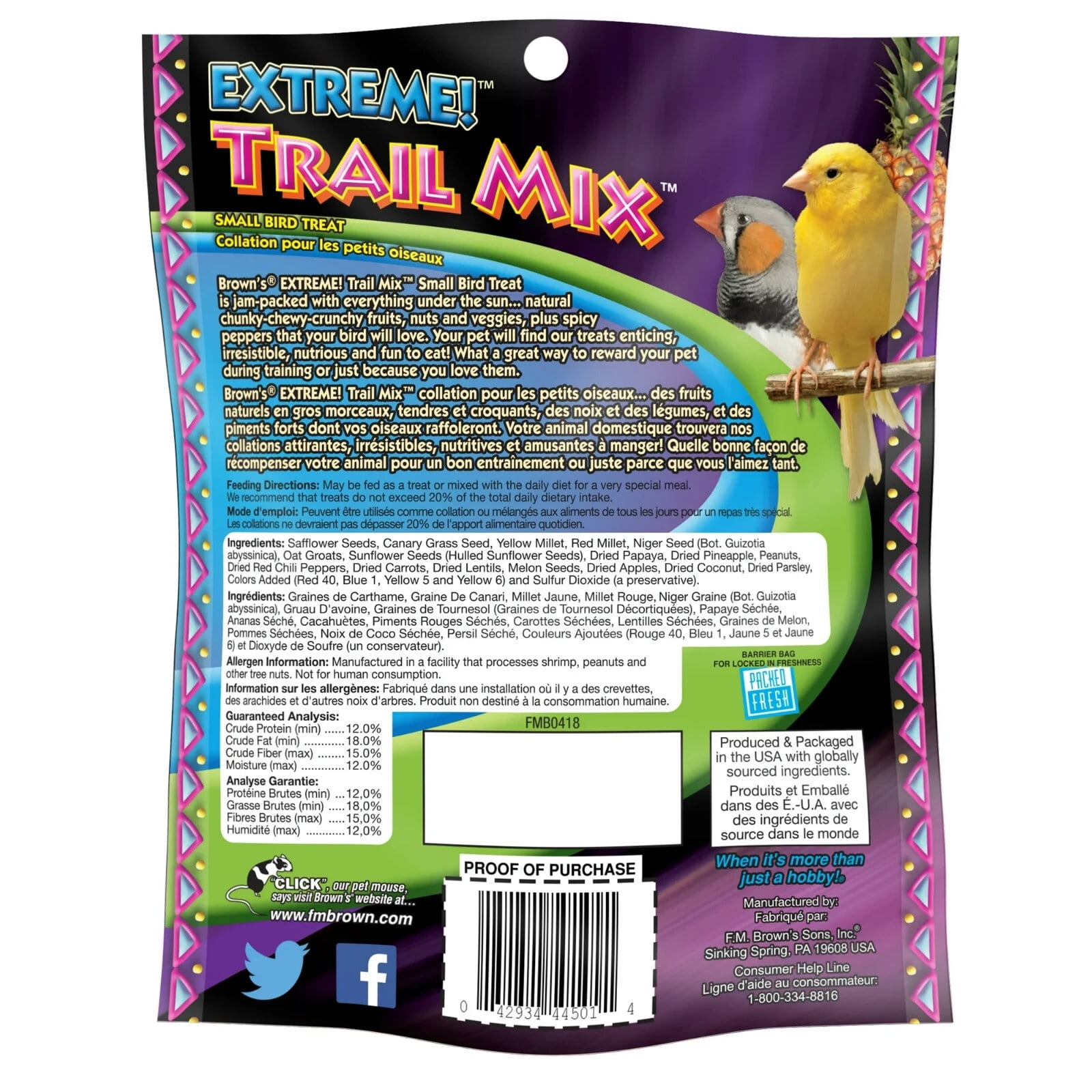 (2 pack) Brown's Extreme! Trail Mix for Cockatiels, Lovebirds, Parakeets, Canaries & Finches, Small Bird Treat, 4 oz