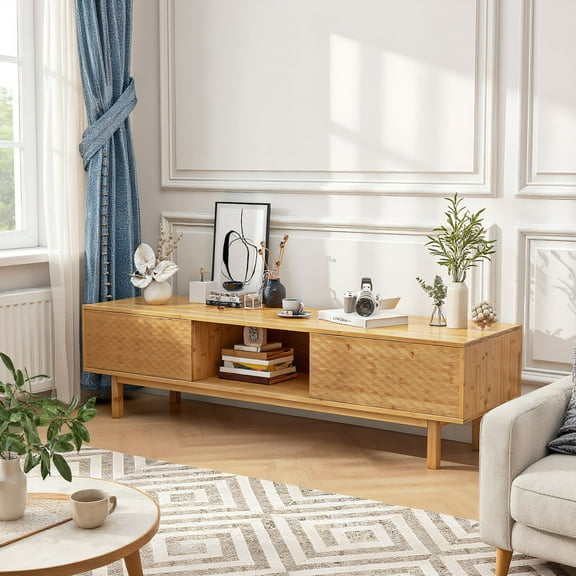 GVN Entertainment Centers & TV Stands,63 Inches Mid Century Modern Bamboo TV Stand with Sliding Doors-Natural