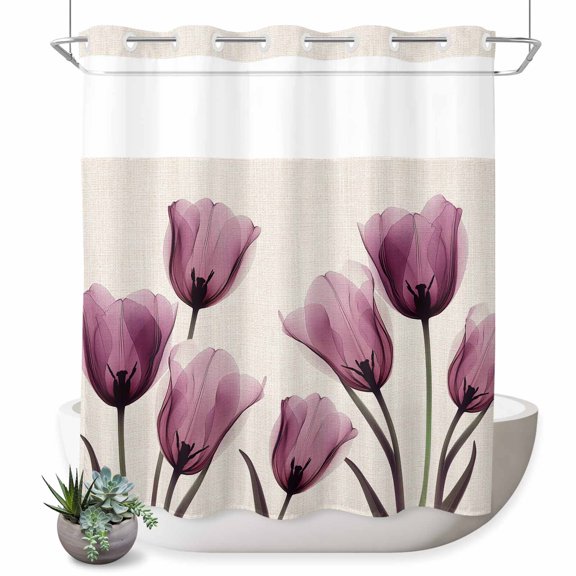No Hook Shower Curtain, Rose Red Tulip Shower Curtains for Bathroom with See Through Top Window, Vintage Beige Spring Pastoral Flower Waterproof & Washable Bath Curtain Standard 72"x72"
