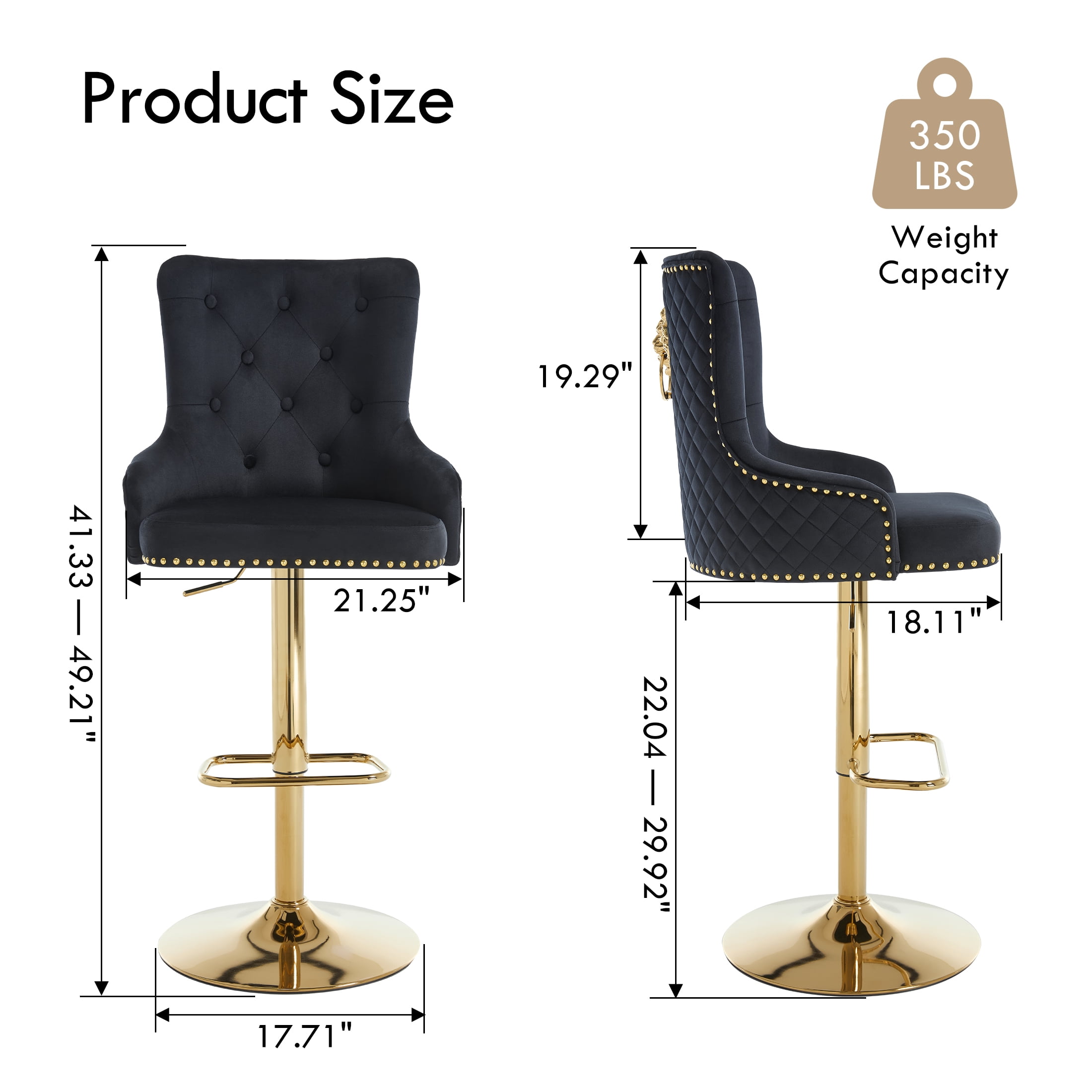 Velvet Gold Bar Stools Set of 2 Modern Counter Height Bar Stools with Lion Pull Ring Tufted Back, Nailhead Upholstered Barstools for Home Kitchen Island, Swivel Adjustable Stool Chair in Black