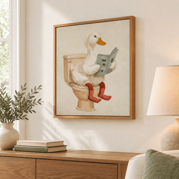 Bathroom Duck Framed 10"L x 8"W Canvas Art Print for Restroom Decor