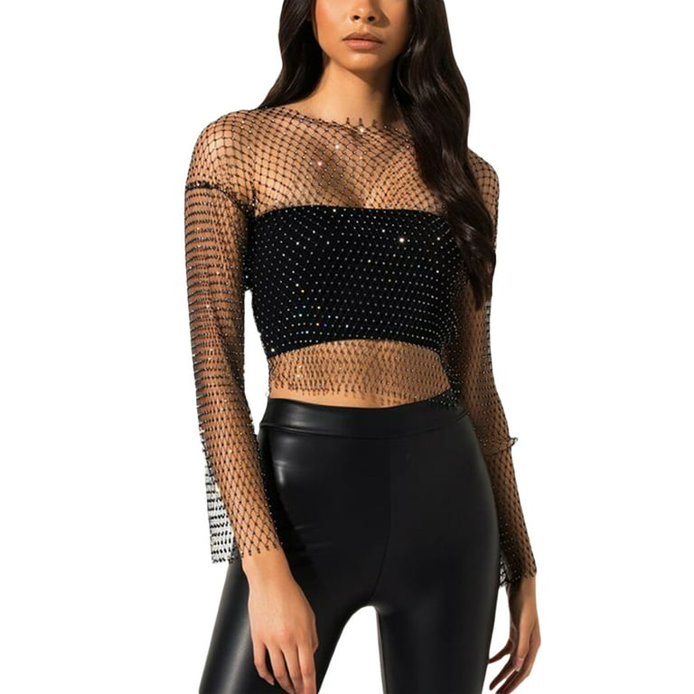 Women See-Through Mesh Tops Rhinestone Party Cocktail Crop Tops Long Sleeve  Blouses T-shirt 