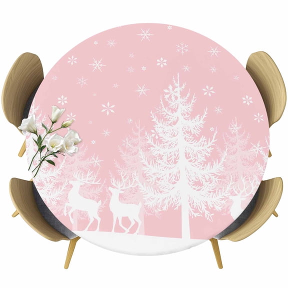 Christmas Pink Table Cloth, Round Fitted Tablecloths with Elastic Edge, White Xmas Tree Elk Winter Snowflake Wipeable Waterproof Table Cover for Kitchen Wedding 36-44 Inches