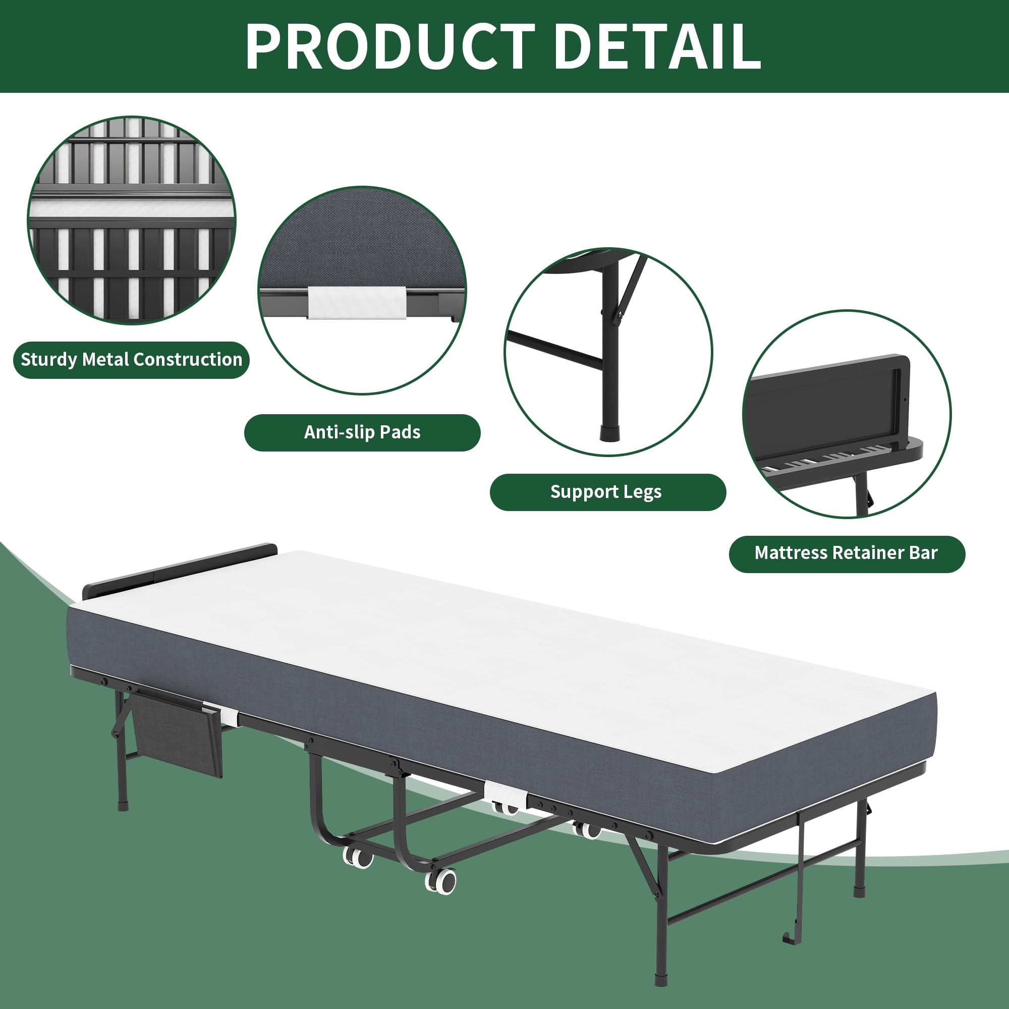 HOQBN 75"x31" Folding Bed with Adjustable Headboard & 5" Memory Foam,Twin Size Portable Foldable Bed with Wheels,Easy Assembly