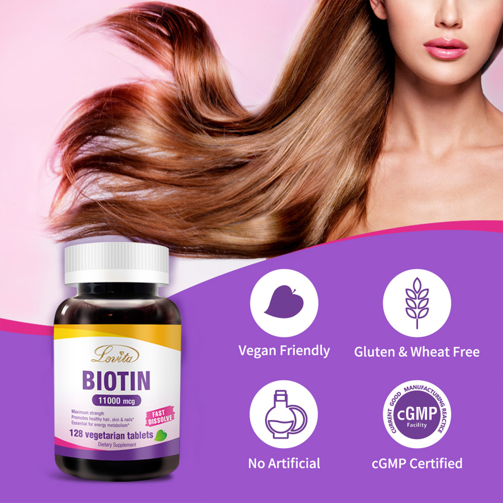 Lovita Biotin High Potency 11000mcg, 128 Days-Supply, Fast Dissolvable Vitamins B7 for Skin and Nails & Hair Health, Vegetarian Dissolvable Tablets