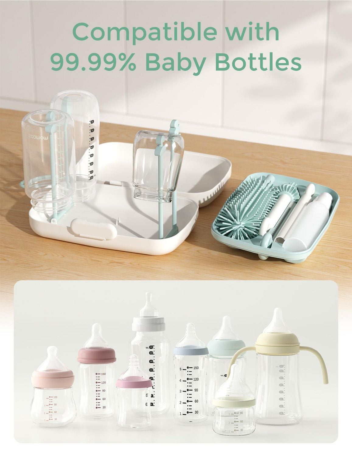 Momcozy Bottle Brush Set, Baby Bottle Cleaner Kit with Silicone Brush, Nipple Brush, Straw Brush, Soap Dispenser, Drying Rack, 7 in 1 Bottle Cleaning Tool, Green Ensemble de Support à Biberons de Voyage