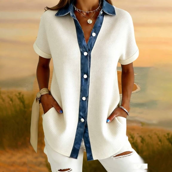 Sentmoon Denim Tops Woman Summer Tops Short Sleeve Lapel Button Down Loose Fit Solid Color Stretchy Shirts for Women Casual for Travel and Vacation S-2XL