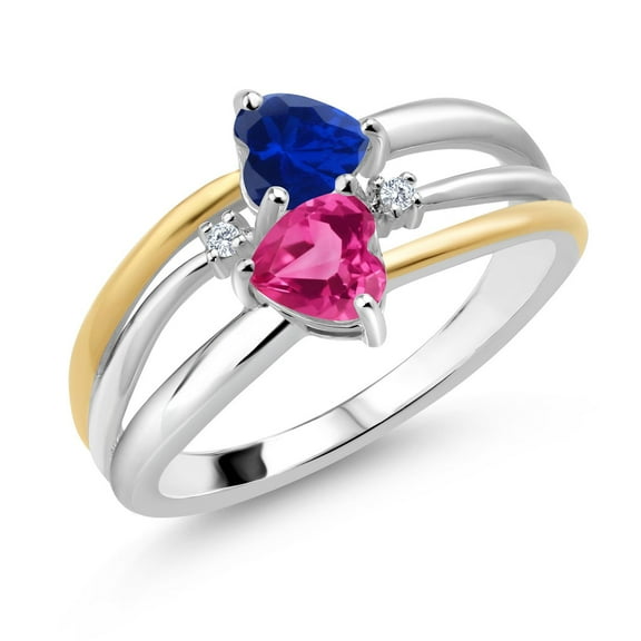 925 Silver and 10K Yellow Gold Blue Created Sapphire and Pink Created Sapphire and White Lab Grown Diamond Band Ring for Women (1.12 Cttw, Gemstone September Birthstone, Heart Shape 5MM, Size 5)