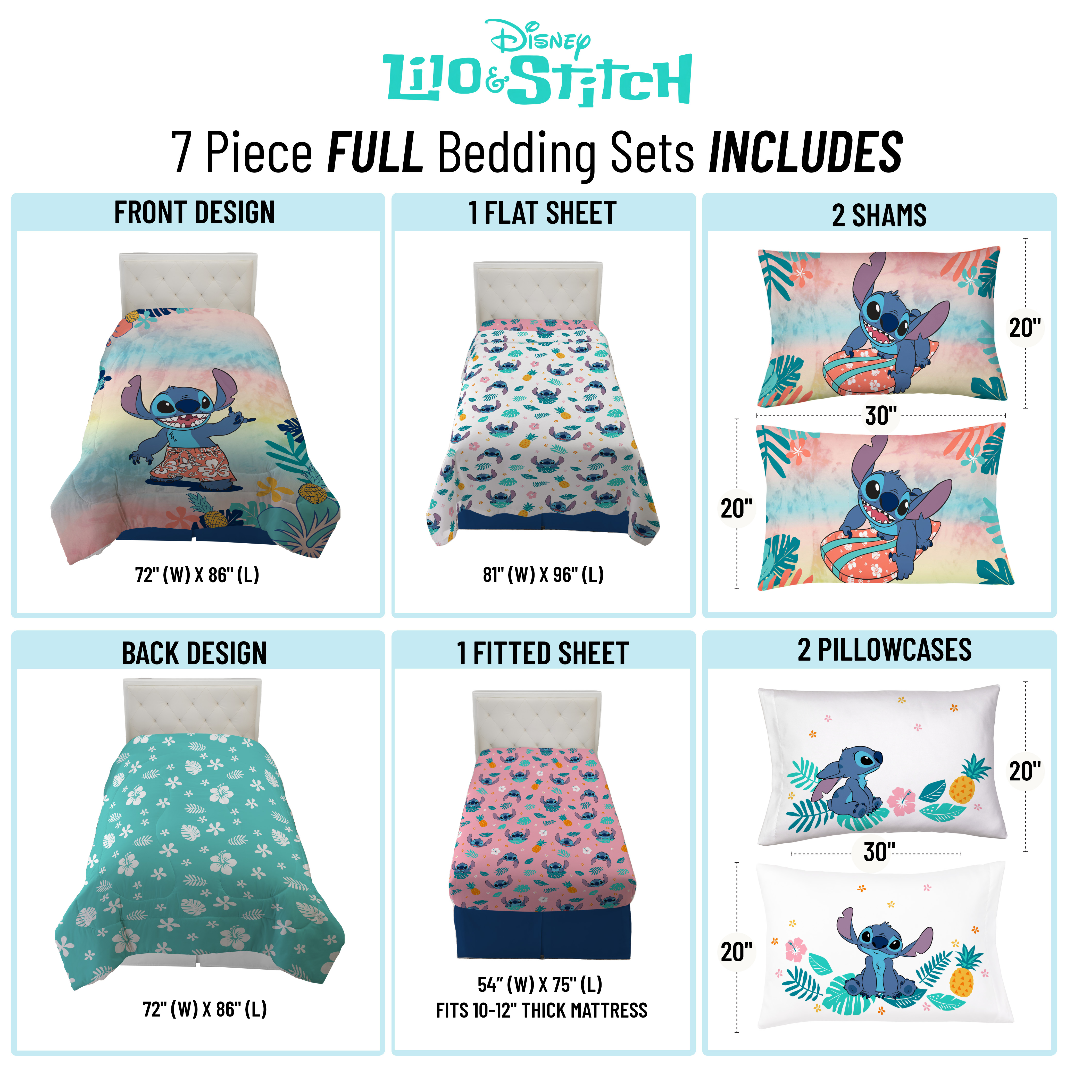 Disney Lilo & Stitch Tie-Dye 7 Piece Full Bed Set w/ Sham, 100% Microfiber