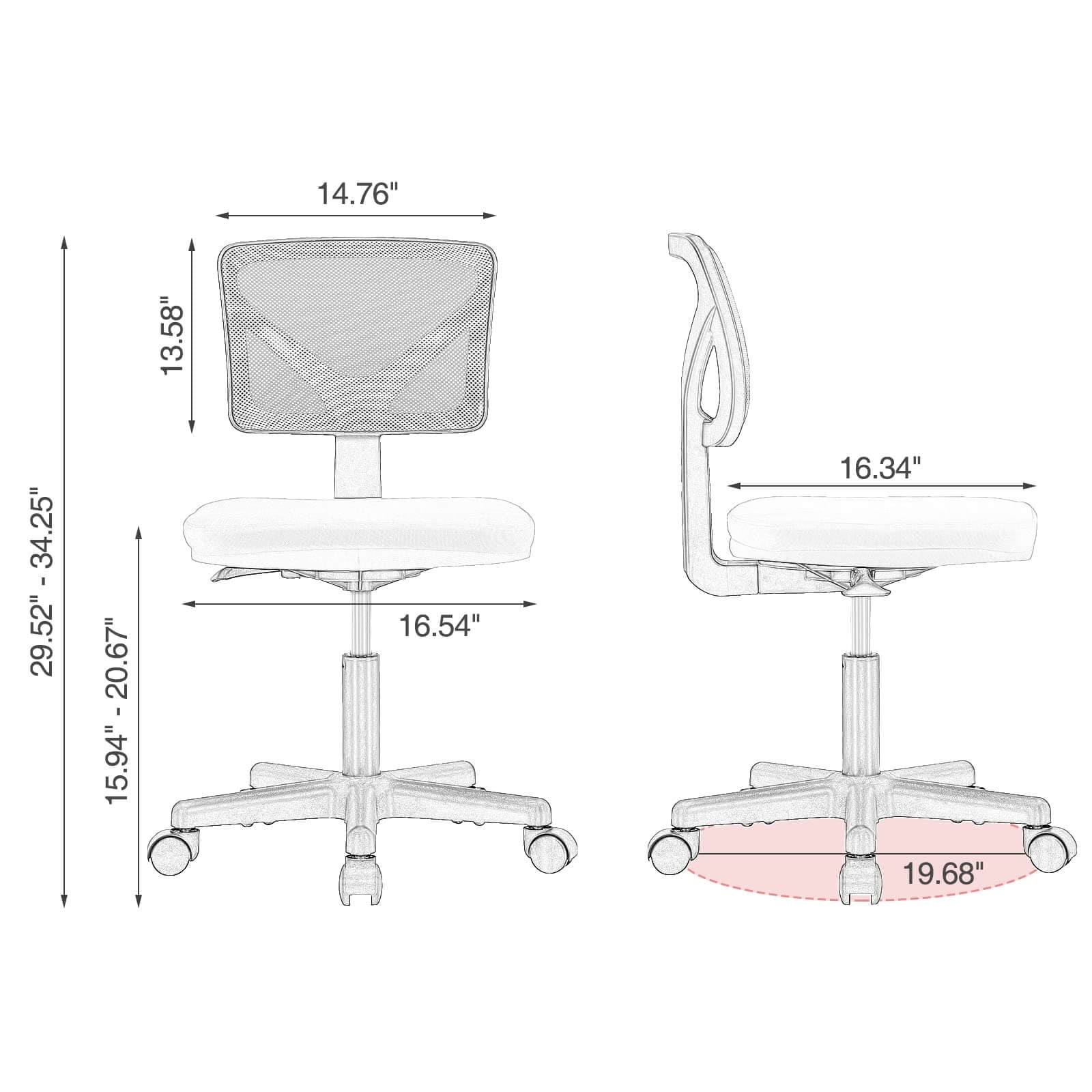 wOod-it Home Office Chair Mesh Armless Computer Desk Chair Ergonomic Computer Desk Task Rolling Swivel Chair Adjustable Modern Chair with Lumbar Support,Pink