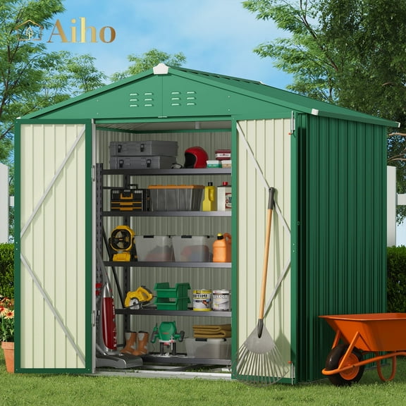 Aiho 8' x 6' Outdoor Storage Sheds with Lockable Double Doors for Garden & Backyard ,Green