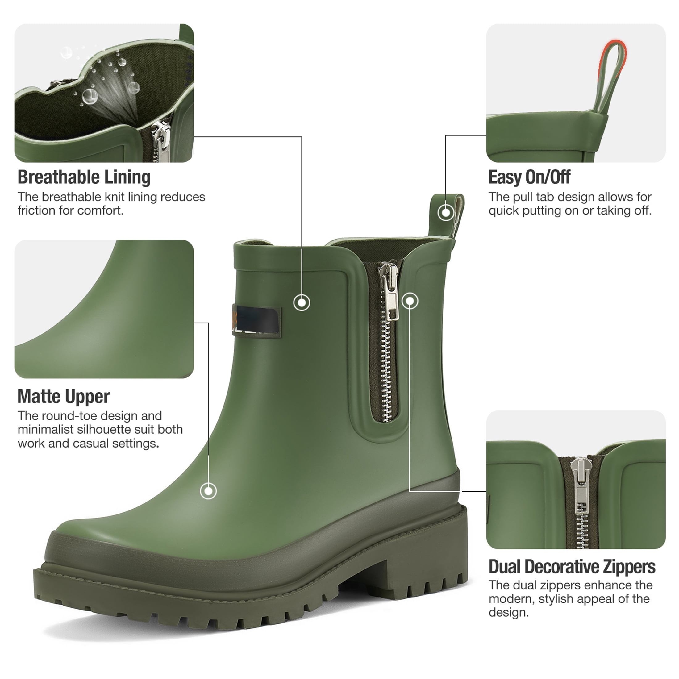 SMILIN Women’s Waterproof Chelsea Ankle Rain Boots with Side Zipper,Green, US Size 10