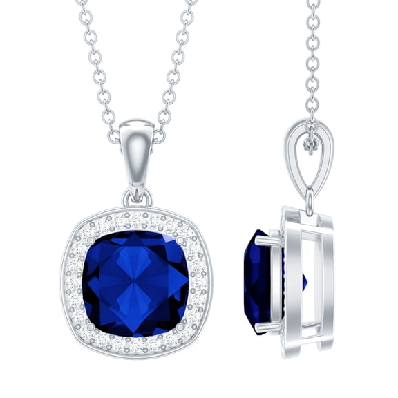 Rosec Jewels Lab Grown Blue Sapphire Pendant for Women - 8 mm Cushion Cut Necklace - AAAA Grade - Ready to Gift with Jewelry Box, 925 Sterling Silver